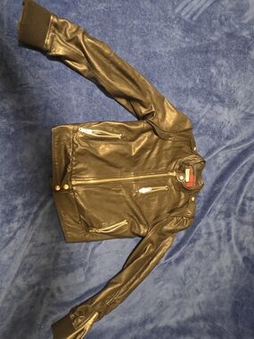 KRMA By Nicholas Bowes Jade Black Leather Jacket With Plaid Inner LARGE